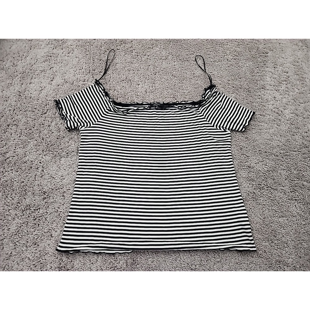 Ambiance Top Womens 3X PLUS Black Striped Off The Shoulder Lettuce Trim Y2k